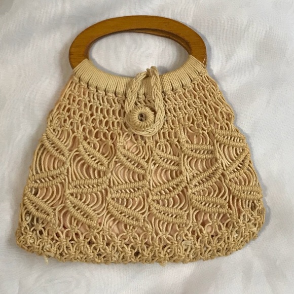 Vintage Handbags - Vintage macrame/ woven purse with wooden handle